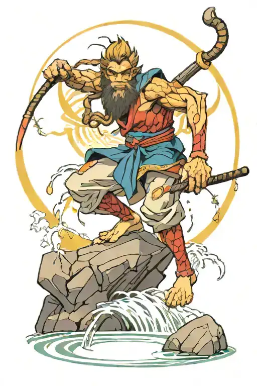 Sun Wukong Balancing on a Stack of Rocks in a pond tattoo design idea