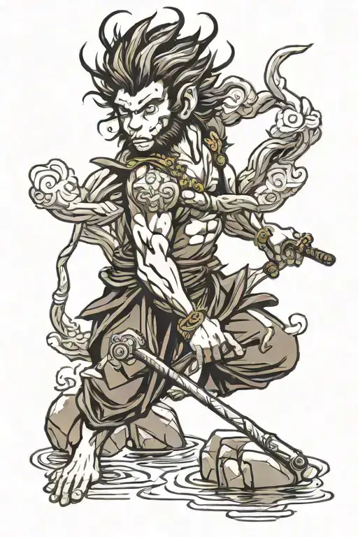 Sun Wukong Balancing on his staff in a pond with rocks tattoo design idea