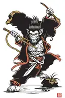 Sun Wukong doing the monkey staff technique while in a pond and holding a circular compass tattoo design idea