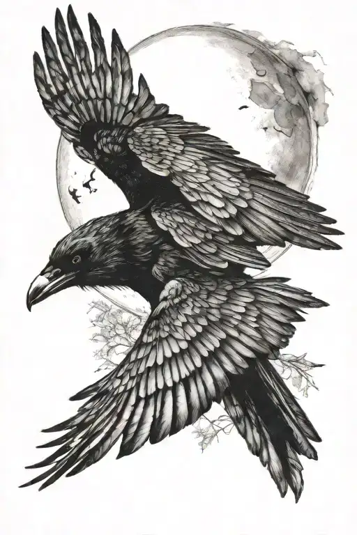 Crow flying towards the moon tattoo design idea