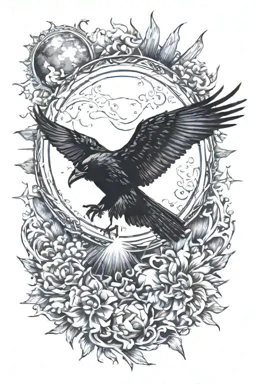 Crow flying towards the sun moon tattoo design idea