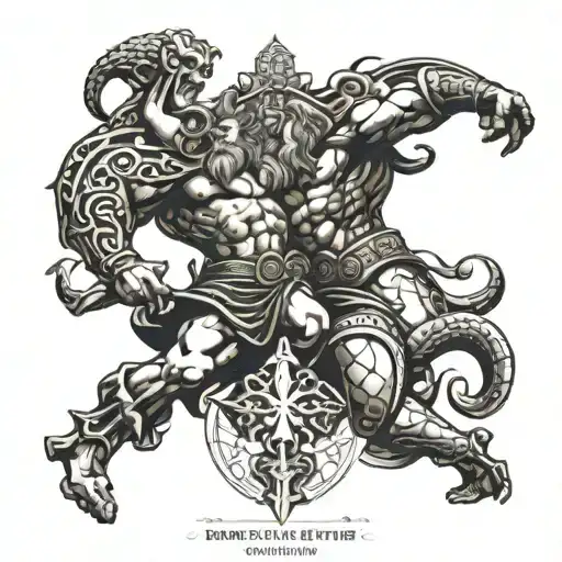 Illustrate a scene from the Nordic myth of Ragnarok, depicting the battle between the gods and giants with a futuristic twist, symbolizing the constant struggle for balance in the data center world tattoo design idea