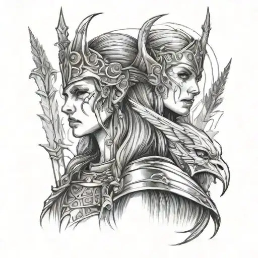 A portrait of the Valkyries, fierce warrior maidens who choose the fallen warriors to bring to Valhalla tattoo design idea