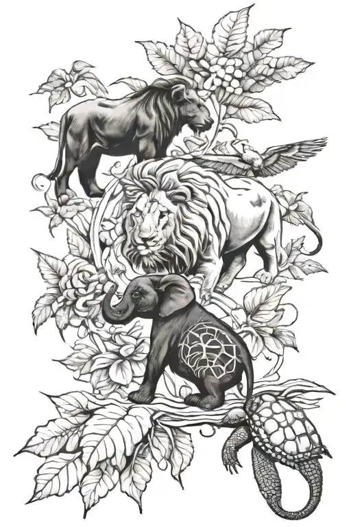 lion, turtle, elephant, and spider with leaves around them tattoo design idea