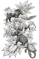 lion, turtle, elephant, and spider with leaves around them tattoo design idea