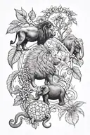 lion, turtle, elephant, and spider with leaves around them tattoo design idea