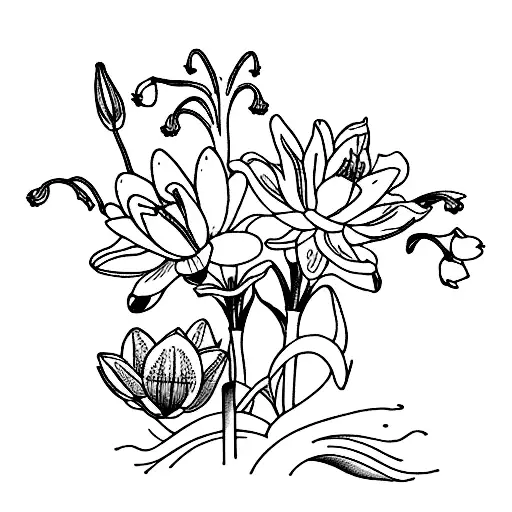 flower bouquet of Carnation, Snowdrop, Lily of the Valley,&nbsp;Hawthorn, Larkspur, Water&nbsp;Lily, Narcissus and&nbsp;Holly tattoo design idea