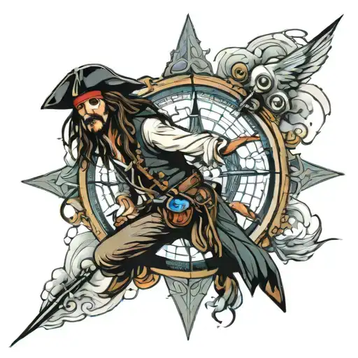 jack sparrow flying and compass surrounded tattoo design idea