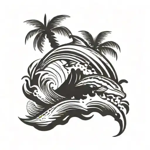 Dolphin with wave and palm tree tattoo design idea