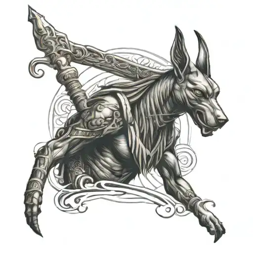 Anubis holding cane tattoo design idea
