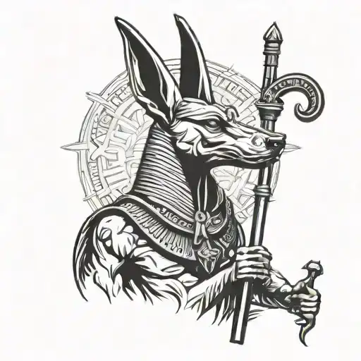 Anubis holding cane tattoo design idea