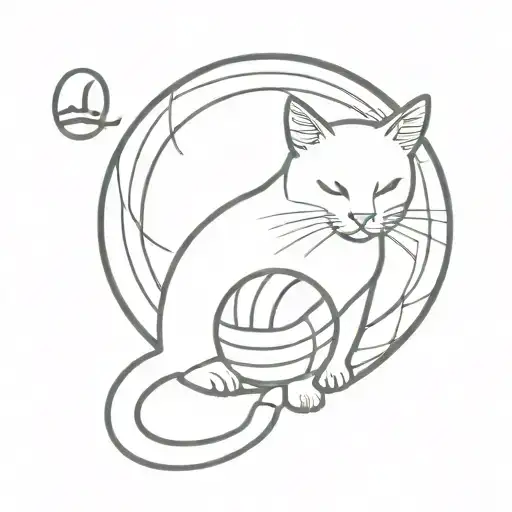 a cat sitting with its tail wrapped around a volleyball with a important fat written beside it   tattoo design idea