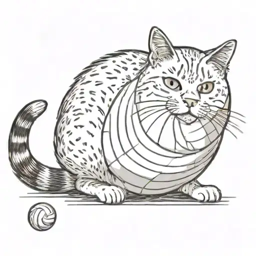 a cat sitting with is back face towards me with its tail around a volleyball like art tattoo design idea