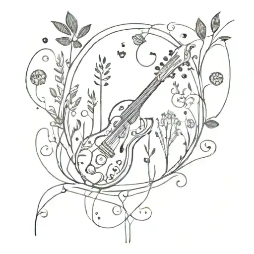 a tribal that looks like a meadow where all the plants a instruments of a punk rock band tattoo design idea