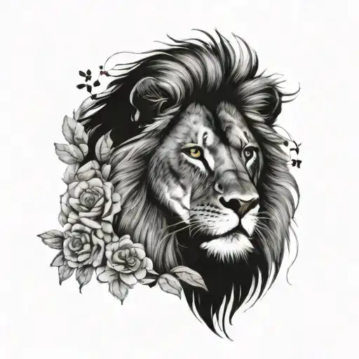 A realistic lion portrait with a background of watercolor flowers and tax law symbols, creating a unique and meaningful composition tattoo design idea
