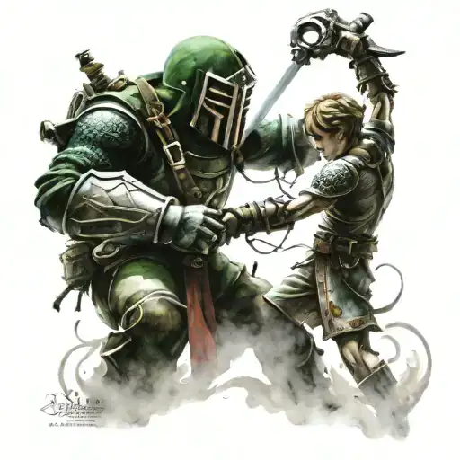 A realistic depiction of Link from Zelda battling a Big Daddy from BioShock in a video game setting tattoo design idea