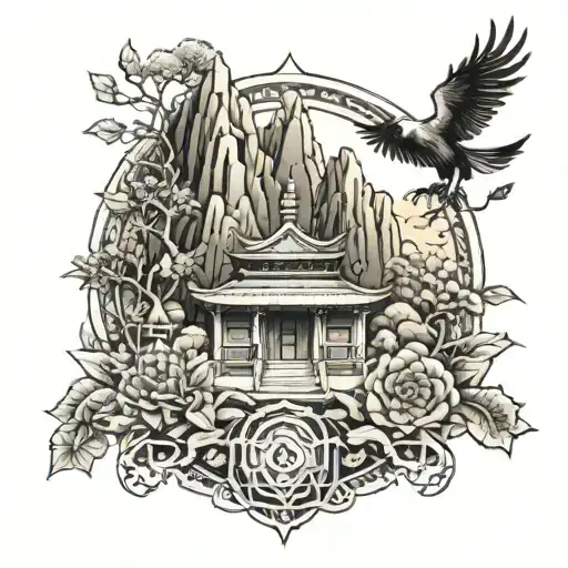 mandala art piece with mountain shaolin temple and warrior and dry leaves and broken skulls in the bottom  tattoo design idea