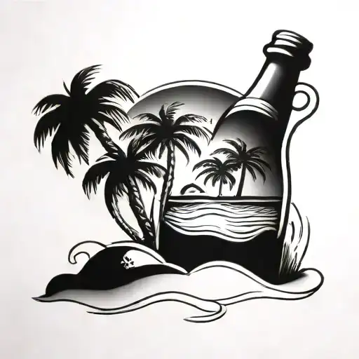 palm tree and bottle of rum in  the sand  tattoo design idea
