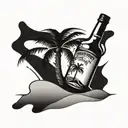 palm tree and bottle of rum in  the sand  tattoo design idea
