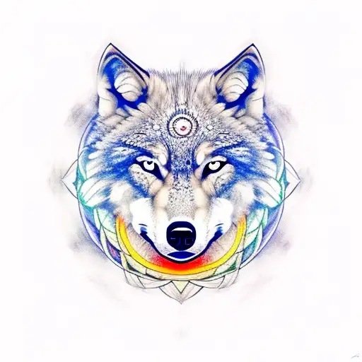 wolf face with brown orangey eyes color dark forest in the background with mandalas around it merging  with a triquetra  tattoo design idea