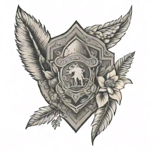A police badge morphing into a Spartan shield with canary island flora and fauna tattoo design idea