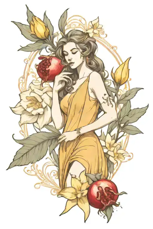 pomegranate and daffodil representing persephone posing together tattoo design idea
