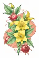 pomegranate and daffodil representing persephone posing together tattoo design idea