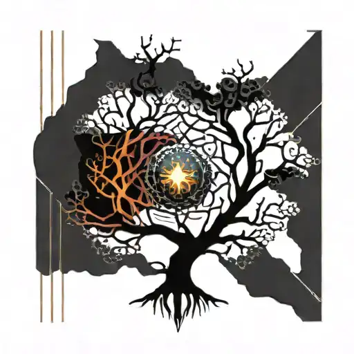 Black Melting Yggdrasil tree with a beating heart in the center, dripping blood. Gold silver and black. crystals tattoo design idea