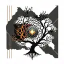 Black Melting Yggdrasil tree with a beating heart in the center, dripping blood. Gold silver and black. crystals tattoo design idea