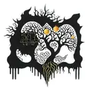 Black Melting Yggdrasil tree with a beating heart in the center, dripping blood. Gold silver and black. crystals tattoo design idea
