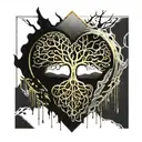 Black Melting Yggdrasil tree with a beating heart in the center, dripping blood. Gold silver and black. crystals tattoo design idea