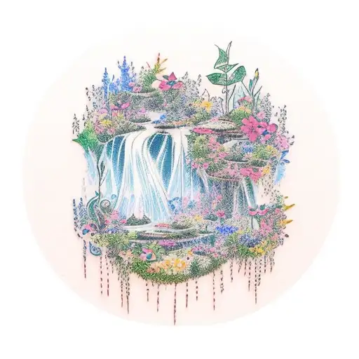 A cascading waterfall flowing into a tranquil garden, with each tier representing a different travel destination and adorned with flowers symbolizing the client's three daughters tattoo design idea