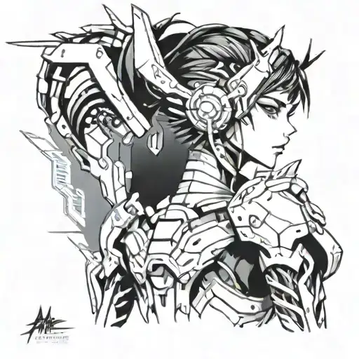 A futuristic anime character with cybernetic enhancements tattoo design idea