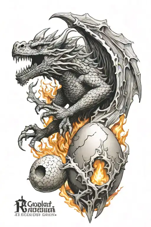 flying Norse dragon breathing fire onto egg  tattoo design idea