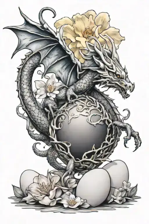 flying Norse dragon breathing fire onto egg and orchid tattoo design idea