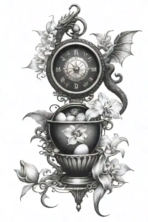 dragon protecting compass, egg, orchid tattoo design idea