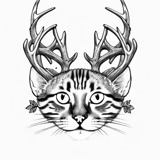 a cat with deer antlers on its head. There is a mouse sitting on the cat's back. side view. tattoo style tattoo design idea