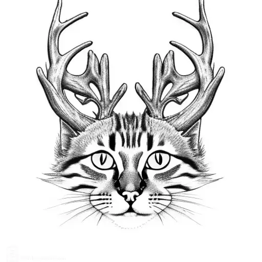 a cat with deer antlers on its head. There is a mouse sitting on the cat's back. side view. tattoo style tattoo design idea
