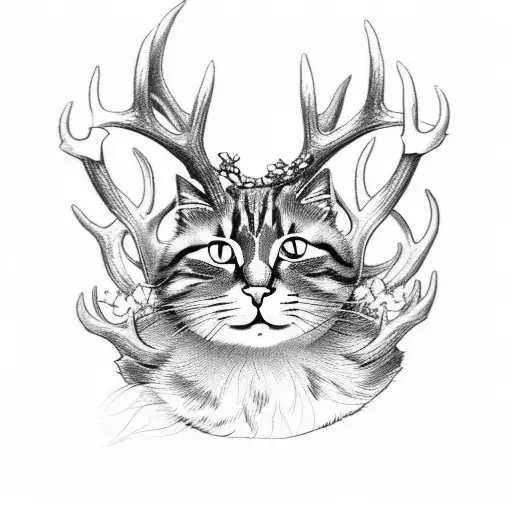 a cat with deer antlers on its head. There is a mouse sitting on the cat's back. side view. tattoo style tattoo design idea