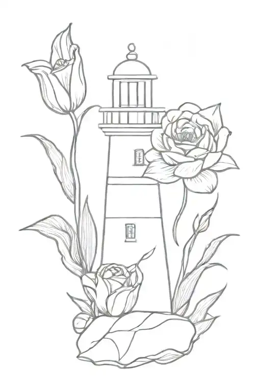 light house on rocks with roses and tulips tattoo design idea