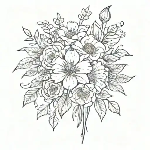 A sketch-style tattoo showcasing a bouquet of flowers symbolizing the birth months of January, April, June, and August tattoo design idea