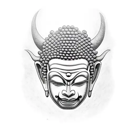 oni mask split in half  Buddha in the middle tattoo design idea