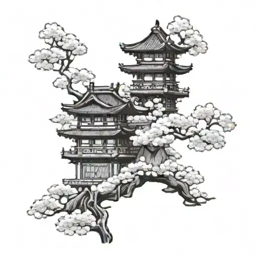Combine elements of a popular TV show set in Japan with traditional Japanese architecture in a blackwork half sleeve tattoo design idea