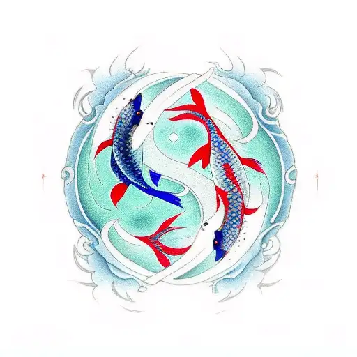 yin Yang koi fish with cherry blossoms with color  tattoo design idea