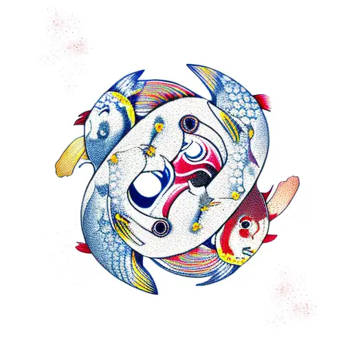 yin Yang koi fish with cherry blossoms with color on hip and thigh  tattoo design idea