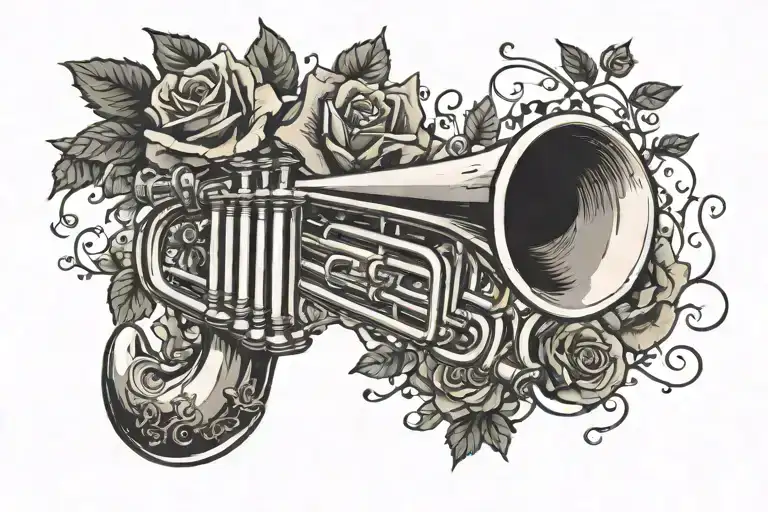 a trumpet with the notes to la vie en rose coming out of the horn  tattoo design idea