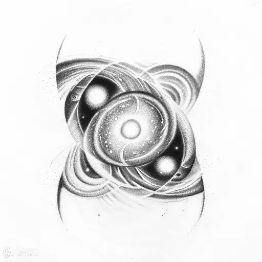 A mesmerizing optical illusion tattoo of a spiral galaxy with planets orbiting around it, creating a sense of depth and movement. tattoo design idea