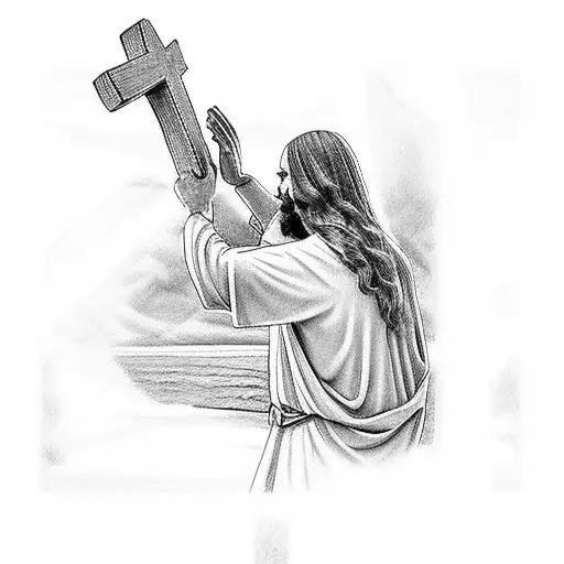 Jesus praying with crosses in the background tattoo design idea