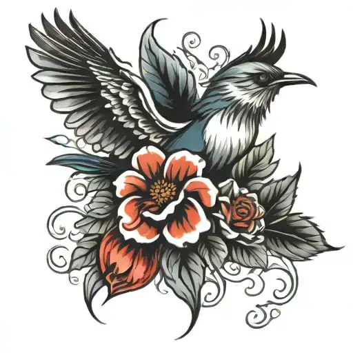 memorial tattoo with august, september and november birth flower and bird  tattoo design idea