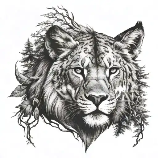 Tattoo on the chest, a roaring lion on one pectoral and on the other a wolf held by trees tattoo design idea